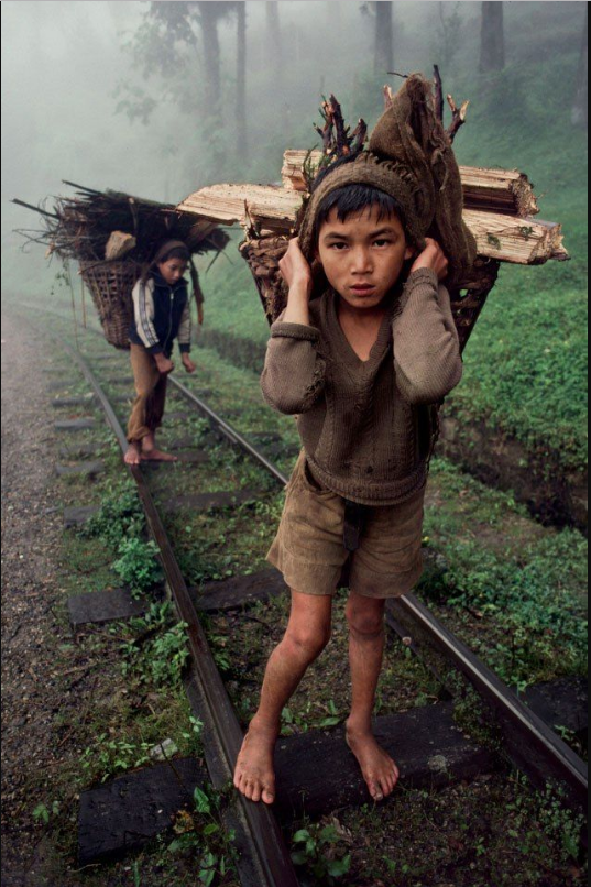 TWO YOUNG BOYS CARRY WOOD. Fuji Crystal. Limited Edition
